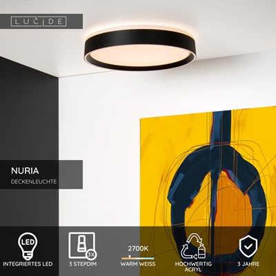 Lucide NURIA - Deckenleuchte - Ø 30 cm - LED 3 StepDim - 1x18W 2700K - Schwarz